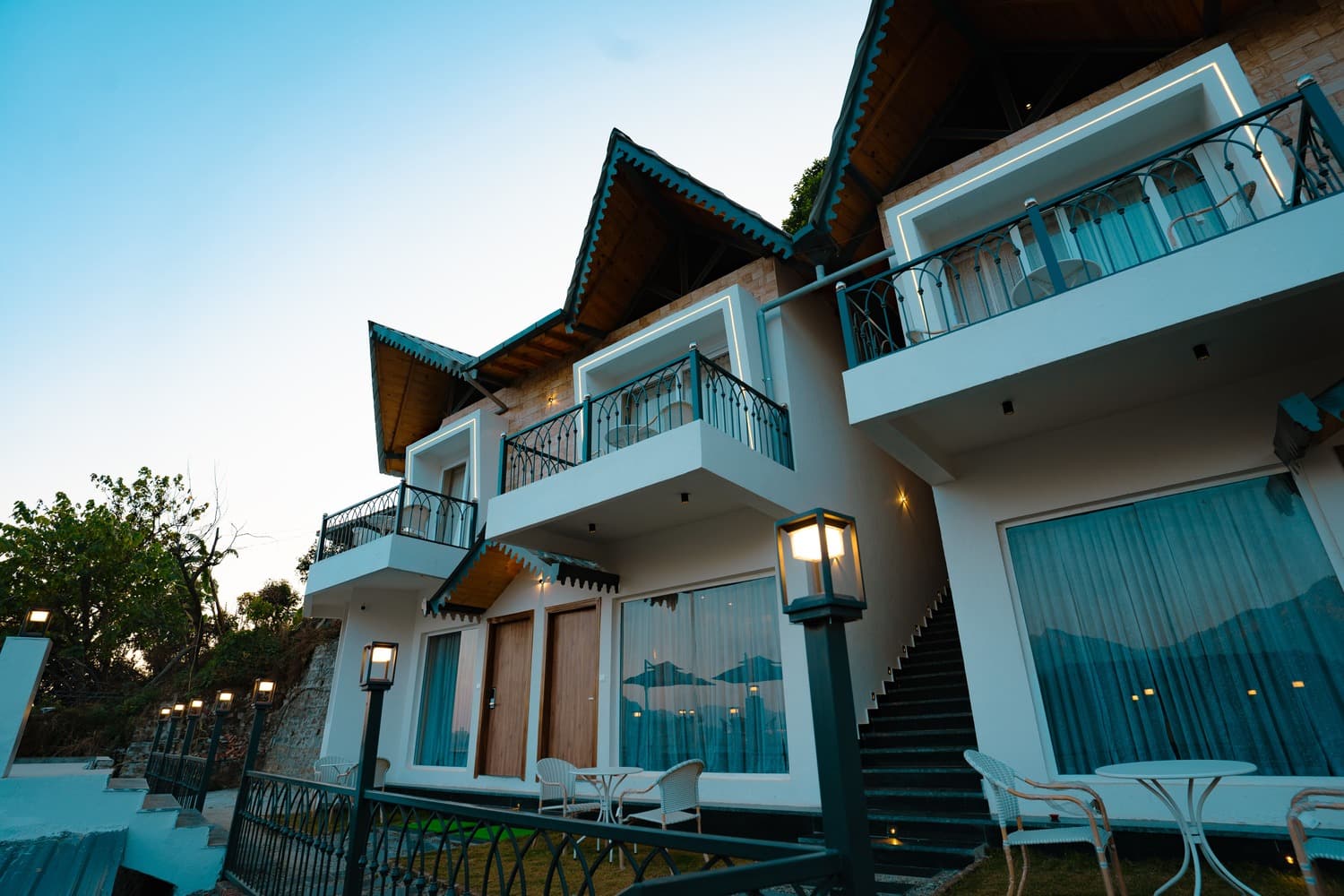 The Barns Resort cottages at dusk